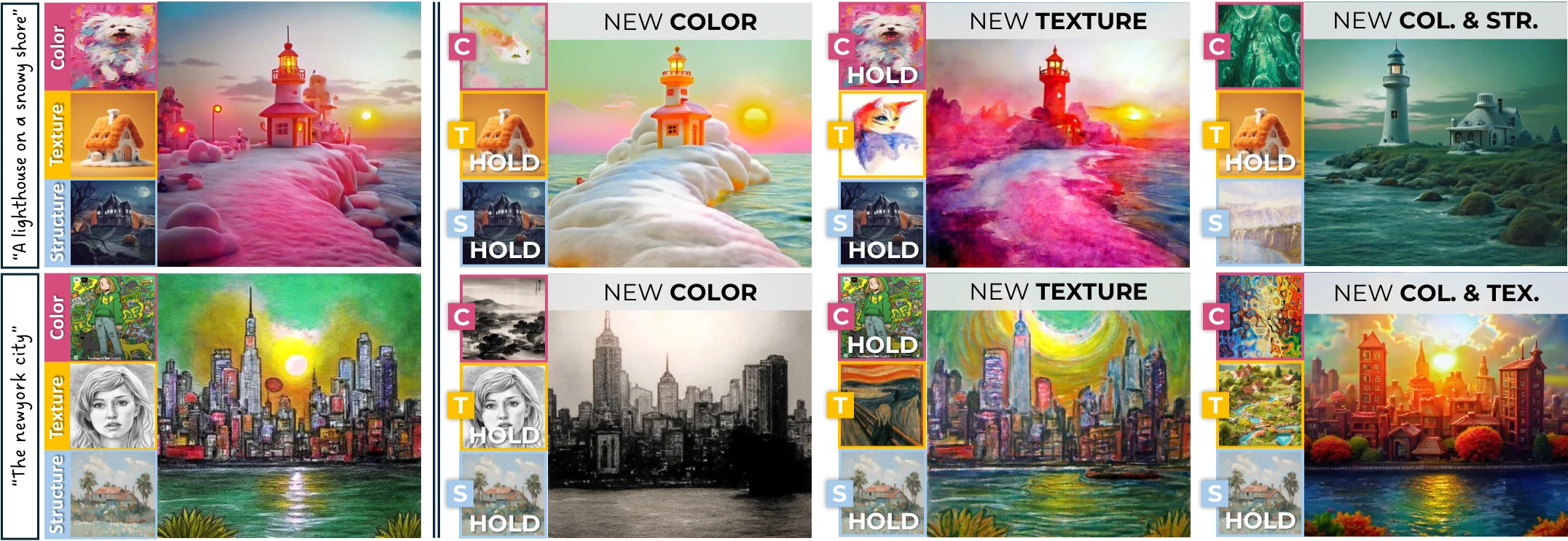 StyleComposer teaser showing outputs as color, texture, and structure references are replaced independently